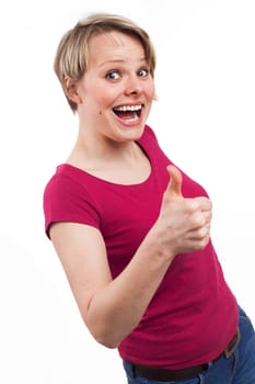 Young woman having a successful gesture, isolated on white