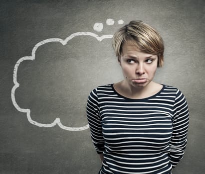 Illustration of a young woman thinking, with thought balloon