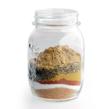 Close up Rubs, Spice Blends, Marinades, and Brines on a Glass Jar Isolated on White Background.
