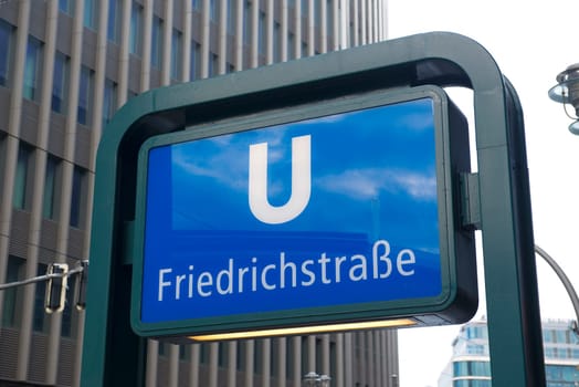 DECEMBER, 2014 - BERLIN, GERMANY: subway sign in Friedrichstrasse (U Bahn)