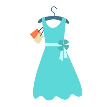 Summer dress on a hanger with a price tag. The symbol of the sale icon