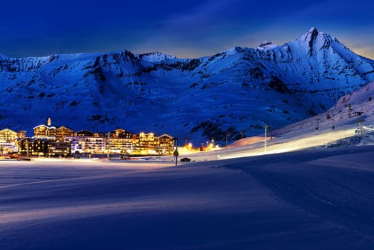 Evening landscape and ski resort in French Alps,Tignes, Tarentaise, France