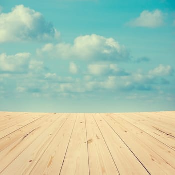 Mid air high sky view from wooden platform, sunrise with blue sky white cloud.