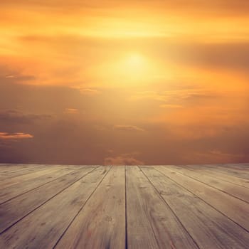Mid air high sky view from wooden platform, sunrise with blue sky white cloud.