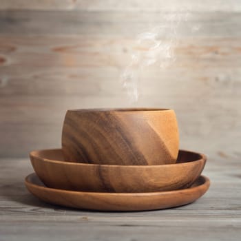 Empty bowl with hot steams on old wooden table. Dramatic light.