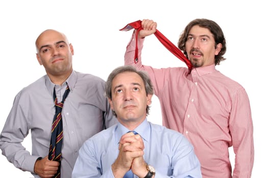 Unhappy business team, manager praying for better days, isolated in white