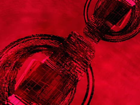 Intertwined rings on a red background