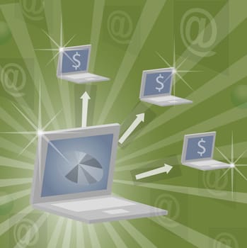 Pie chart and dollar signs displayed on laptop screens