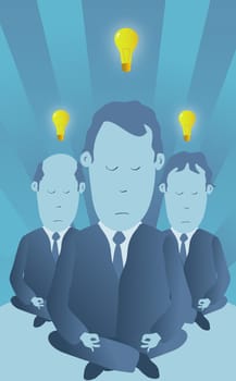 Three light bulbs lit up over three businessmen