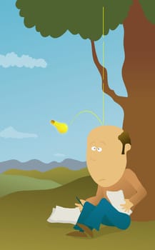 Light bulb falling from a tree on to mans head