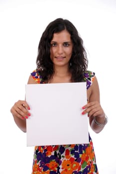 young business woman holding white card, isolated over white