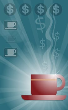 Tea cup on a saucer with dollar signs above