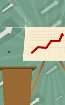 Microphone on a lectern with a line graph