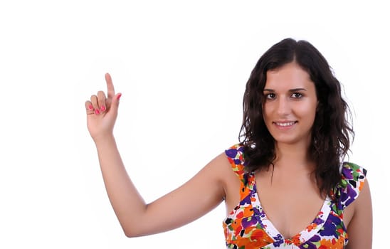 Young beautifull woman, pressing key, isolated in white