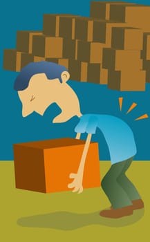 Man getting a back ache while picking up a box