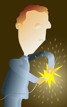 Man creating sparks by touching two power cables