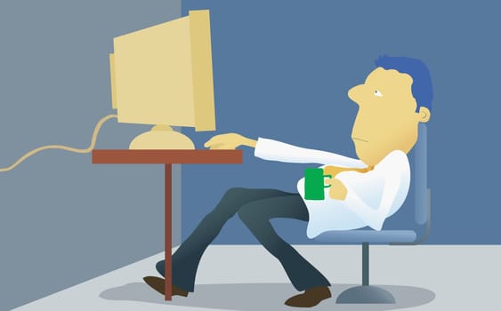 Businessman holding a cup and using a computer