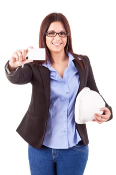 Businesswoman showing greeting card - isolated over white