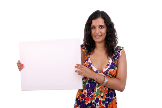 businesswoman with an empty white card, isolated over white