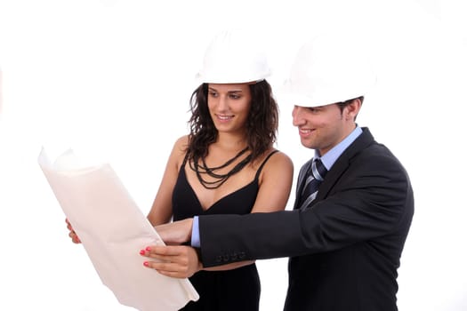 happy couple of engineers, discussing new project, isolated over white