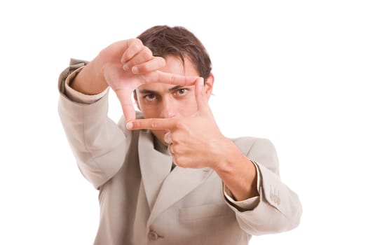 Business man showing frame hand gesture - focus on hand