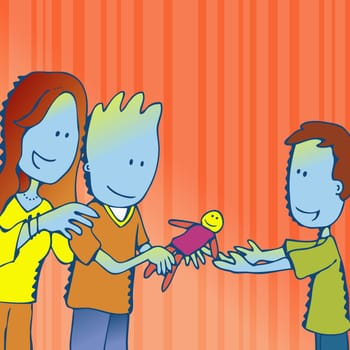 Father and mother giving a doll to their son