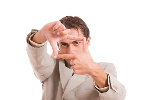 Business man showing frame hand gesture - isolated on white