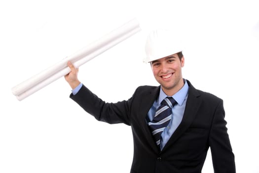 Successful engineer, very happy with new project, isolated in white