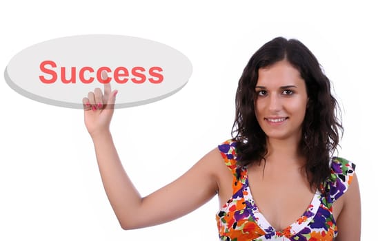 Young beautiful lady, presses the success key, isolated on white background