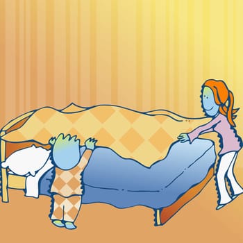 Boy helping his mother make a bed