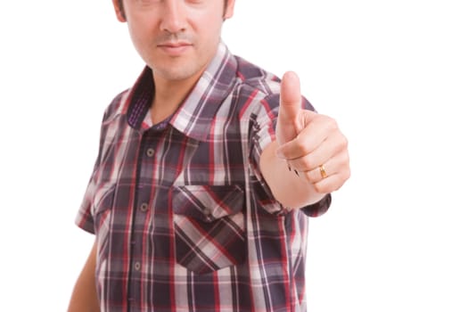 Business man showing thumb up, isolated over white