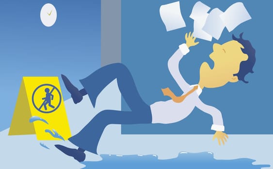 Businessman slipping on a wet floor