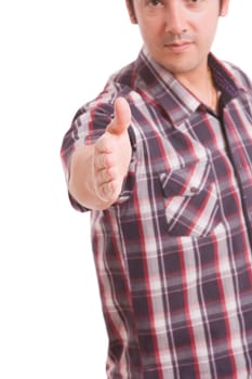 business man, offering handshake isolated on white - focus on hand