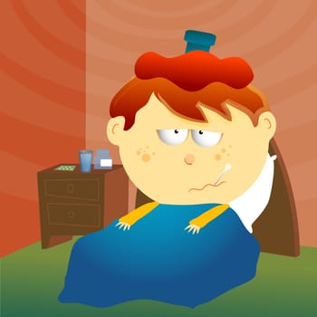Boy lying on bed with an ice pack on his head