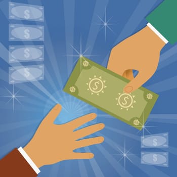 Man's hand giving a bank note to another man
