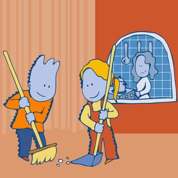 Boy and a girl cleaning the floor