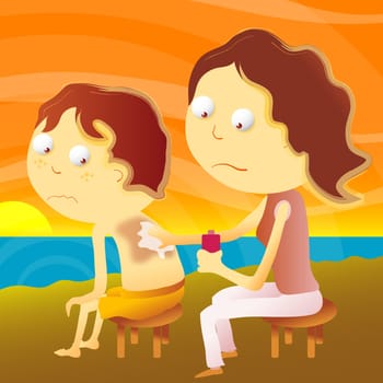 Woman applying suntan lotion on sons back