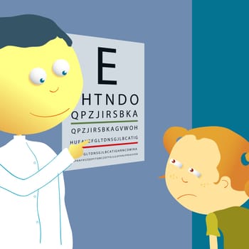 Male optician checking a girl's eye sight with an eye chart