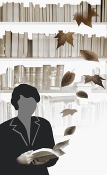 Woman holding an open book with dry leaves