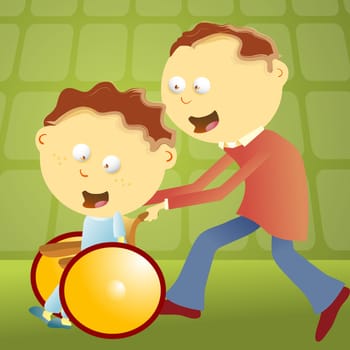 Mid adult man pushing his son on a wheelchair