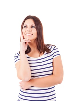 A portrait of a young woman trying to make a decision, isolated over white background