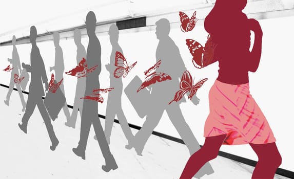 Men and women on a pedestrian walkway