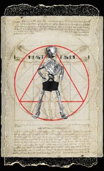 Close-up of a newspaper figurine as the Vitruvian Man