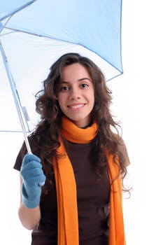 Young woman under an umbrella, posing over white