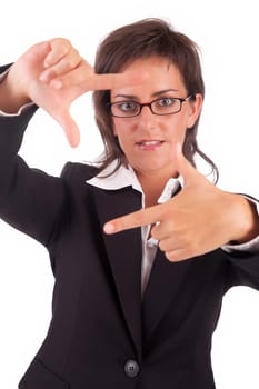 Business woman showing framing hand gesture - isolated on white