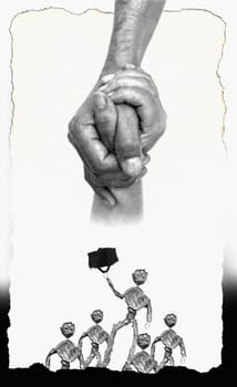 Two people arm wrestling with newspaper figurines below