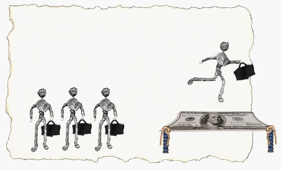 Figurine of a person jumping over paper currency