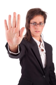 Business woman making stop sign - isolated over white