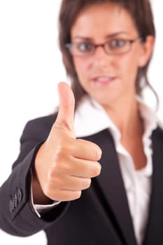 Business woman showing thumb up, isolated over white