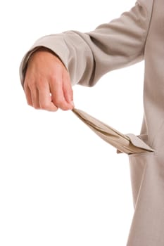 Man holding empty pocket, isolated over white background